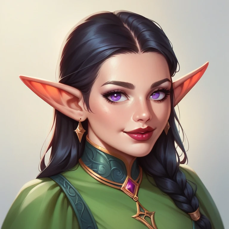 btd,1 girl, goblin, elf, mellow_female,(work of art, detailed back ground, best qualityer),long shiny hair,black hair,rag clothes, pretentious smile, juicy lips, bitch_juice, Red lips, perfects eyes, purple eyes, greenish skin.