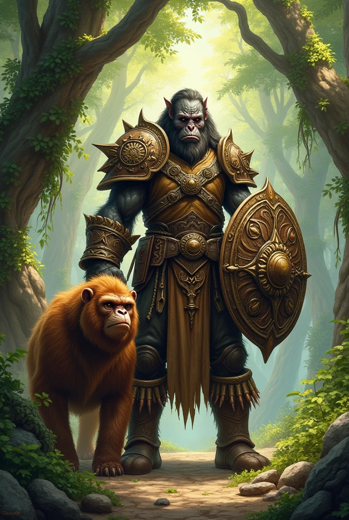 A D&D assimar Druid character wielding two wooden shields and in leather and bone armor. Also put a dire ape as his animal companion.