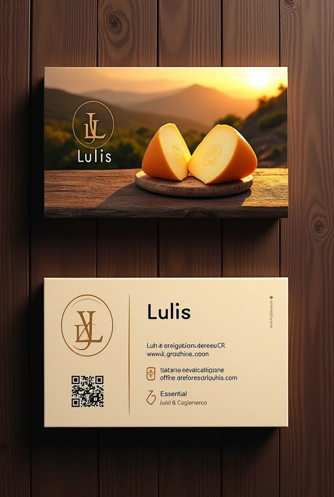 "A rectangular business card, standard size, with a minimalist and rustic design. The main background is a dark brown tone, similar to wood, to evoke the feeling of a handcrafted product. In the lower left corner, a simple logo with the letters &#39;L&#39; and &#39;L&#39; intertwined in gold color, forming a design reminiscent of a cheese. Below the logo, the name &#39;Lulis&#39; in a sleek, serif font, in white.

At the top of the card, A high resolution photograph of a quesillo cut in half, showing its creamy, golden interior. The quesillo is placed on a rustic wooden board. The background of the photograph gradually fades into a rural landscape with mountains in the background., in warm sunset tones.

On the back of the card, the background is a light beige tone. Contact information is presented clearly and concisely in a central column, using a sans-serif font in dark brown. The QR code is located in the lower right corner, accompanied by a small icon indicating its function.