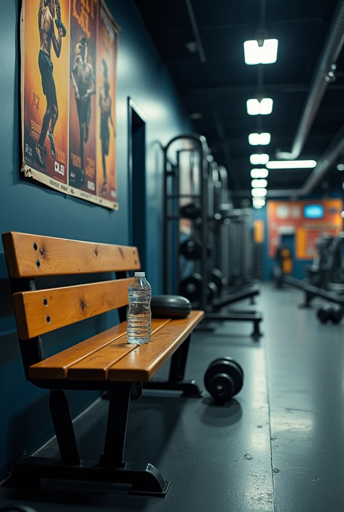 A bench on the left side in a corner of a regular gym 