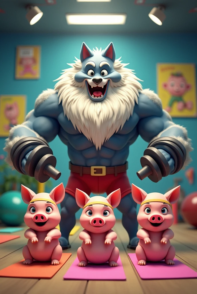 Draw the Big Bad Wolf with a white beard in a gym with three little pigs exercising