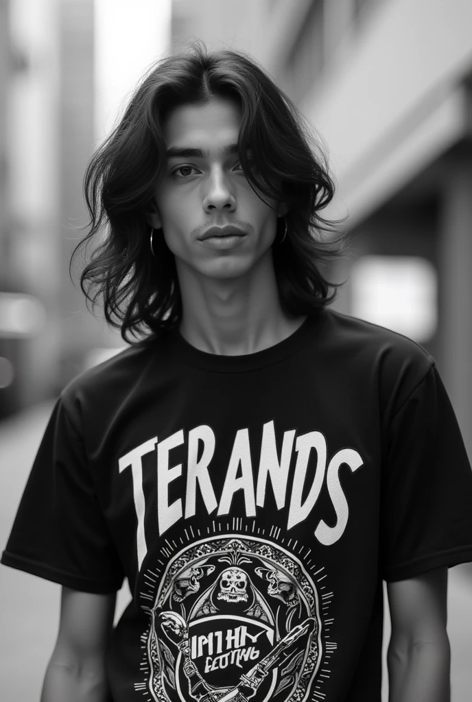 Create a cool black and white-themed profile picture of a stylish young man named Raja. He has long hair, and is wearing a shirt with branded text or logos. The shirt has a unique print design on it. The overall vibe should be trendy, bold, and suitable for a modern Instagram profile picture. Anime face decent looking 