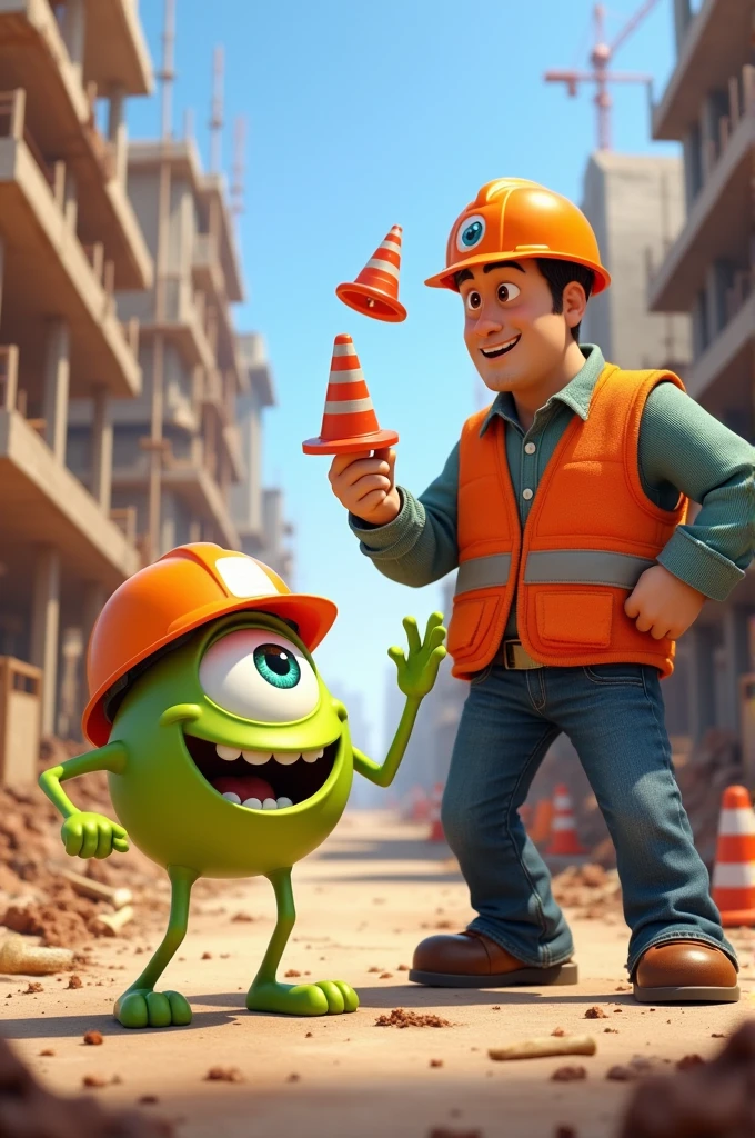 Mike
Wazowski and Sullivan with orange construction helmets and orange construction vests