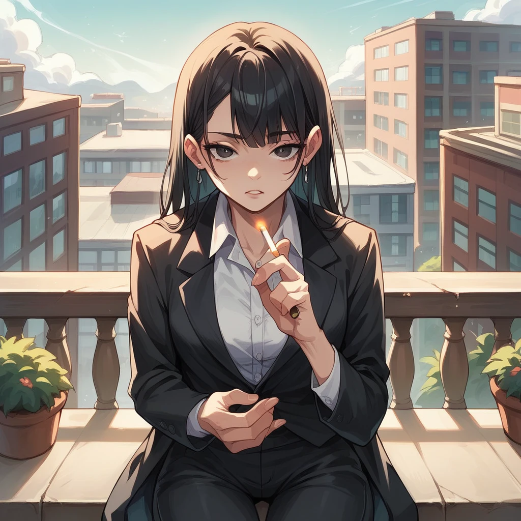 POV black haired girl smoking a cigarette on a balcony , The girl has a black suit and black pants