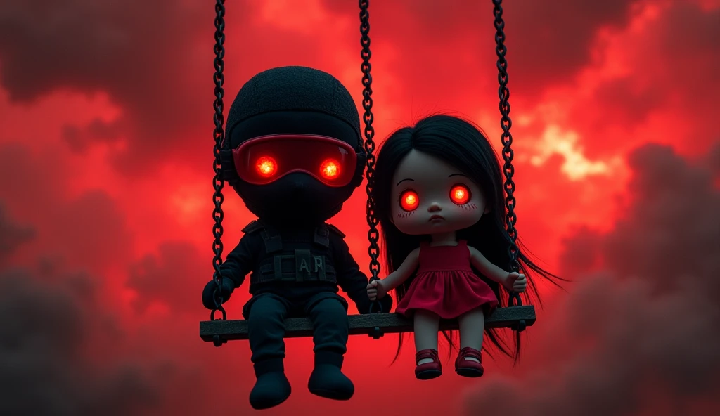 plushie F.E.A.R operative wearing tactical balaclava and red googles with plushie little in red dress with tall black hair, her eyes are glowing red. They both sitting like plushie toys on the swings. The sky is chaotic red