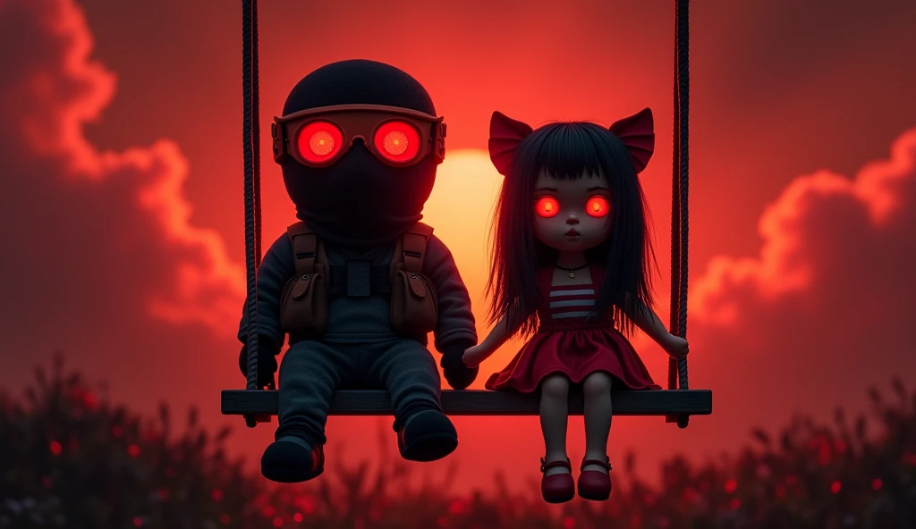 plushie F.E.A.R operative wearing tactical balaclava and red googles with plushie little in red dress with tall black hair, her eyes are glowing red. They both sitting like plushie toys on the swings. The sky is chaotic red