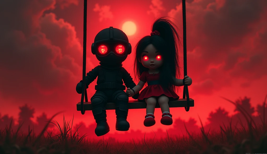 F.E.A.R. operative wearing black tactical balaclava and red googles points with assault rifle is sitting on the swings with  with tall black hair and wearing red dress holding plushie bear and children music box. The sky is red.