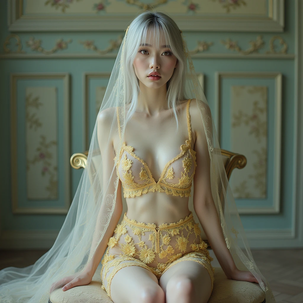 Hyper-realistic photo of a professional model with pale skin posing for a fashion photoshoot. Beautiful model in transparent floral lace night short dress, slender figure, beautiful large breasts, covered in transparent veil, lots of body exposure, full body image facing forward, fantastical painting-like image, silver hair, white translucent skin, long false eyelashes, sitting on a chair facing forward with legs apart, facing forward and legs apart to show crotch , yellow pastel transparent floral lingerie, glass high heels,