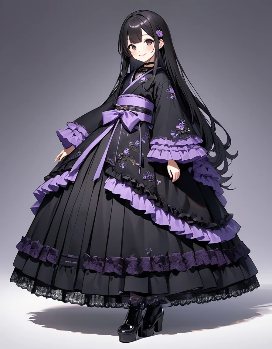 Girl, cute, adorable, full body, smiling, straight hair, long hair, black hair, standing,
(black kimono-tops, long kimono sleeve with purple ruffle lace trim), voluminous A-line multilayer tiered skirt with purple ruffled lace trim, ballgown silhouette, crinoline, purple obi, choker with lace embroidery, beautiful shiny black pantyhose, black platform boots,