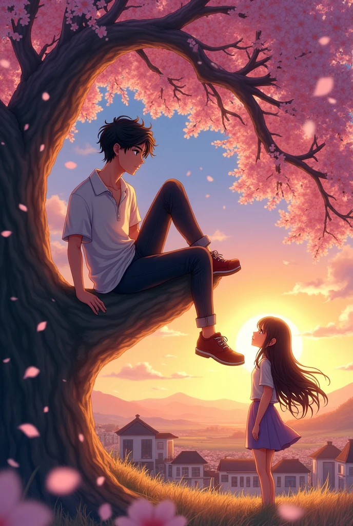 anime:1.2),handsome young man sitting on a branch of a tall tree overlooking a village. A beautiful woman looks up at him with a longing smile 