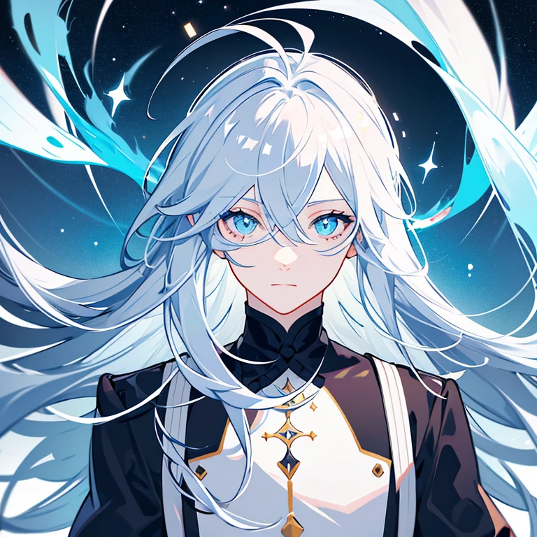 VTuber Illustration、High resolution、create、whole body,Gray Hair,Neutral Facial Features,cute,Clever boy,Bangs between the eyes, Stars in the Sky, Light blue eyes, Gradient colored eyes, Gradient eyes, Long eyelashes, Sparkling eyes, Ahoge, Cinematic light effects, Bright Eyes, Sparkling eyes, Glowing Eyes, Black clothes,Dark Places,walking