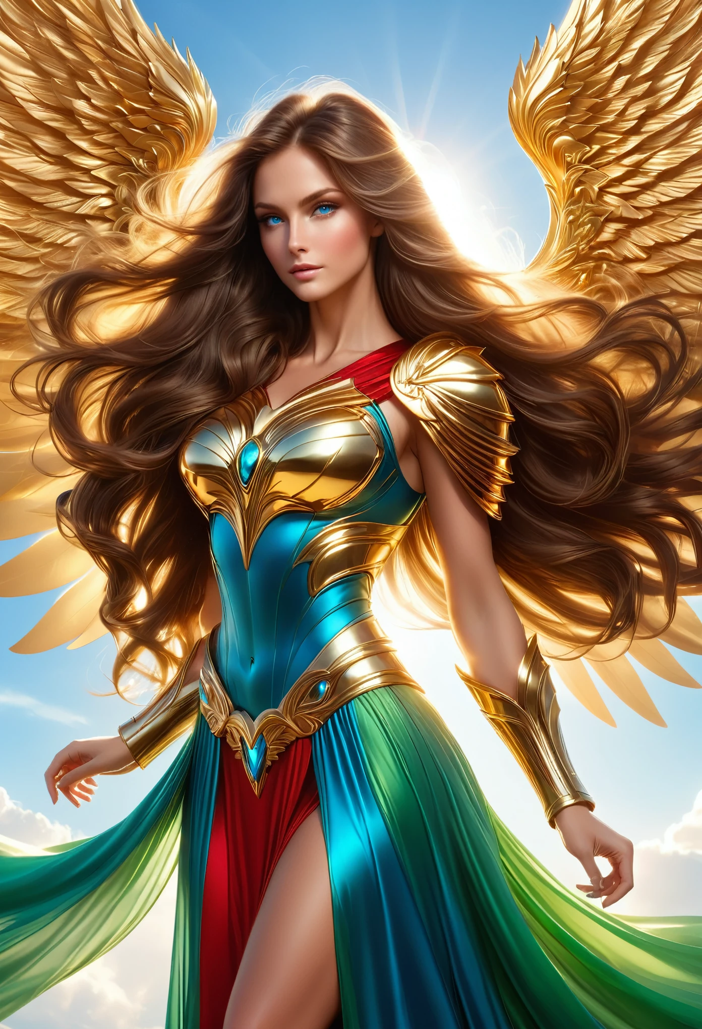 LOVELY WINGGED WOMAN, GOLD HUGE WINGS, HUGE LONG BROWN HAIR, TANNING SKIN BLUE EYES, HIGH CHEEKBONES, ROSY CHEEKS, MENTAL FORAMEN, HUGE LONG HAIR, VOLUMOUS HAIR, RED GREEN LONG DRESS, GOLD GAUNTLETS, ATHLETIC BODY, SIDE BODY VIEW, HEAVEN, SUNLIGHT, BACKLIGHTS, , BLUE SKY, DAYLIGHT, ACCURATE IMAGE, MASTERPIECE.