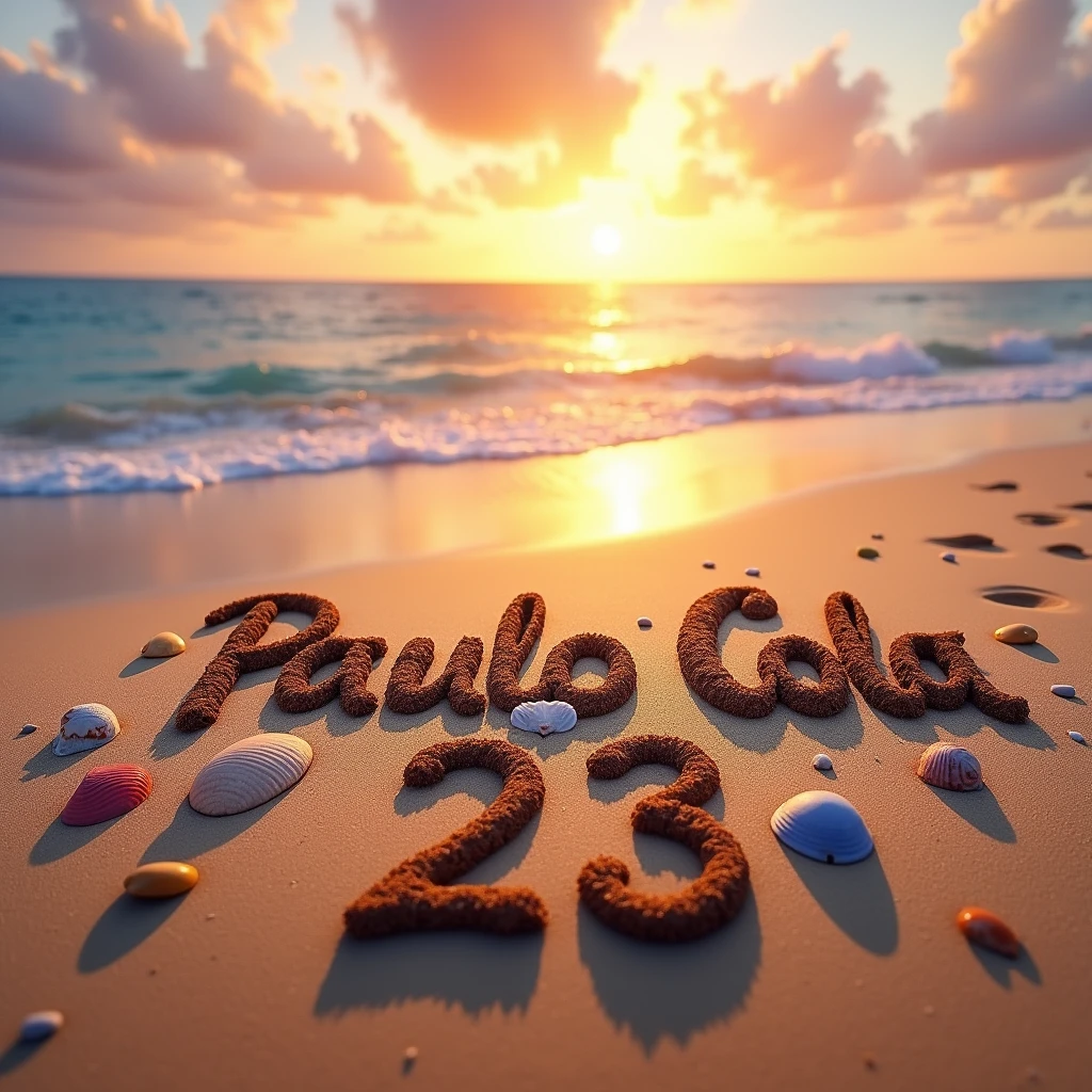 Create an image of the name “Paulo Cola” and the number "23", drawn on a beach sand.