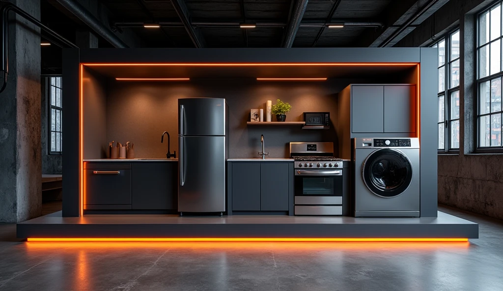 appliances, regale, display case, orange lines, black and gray background, industrial, banner horizontal