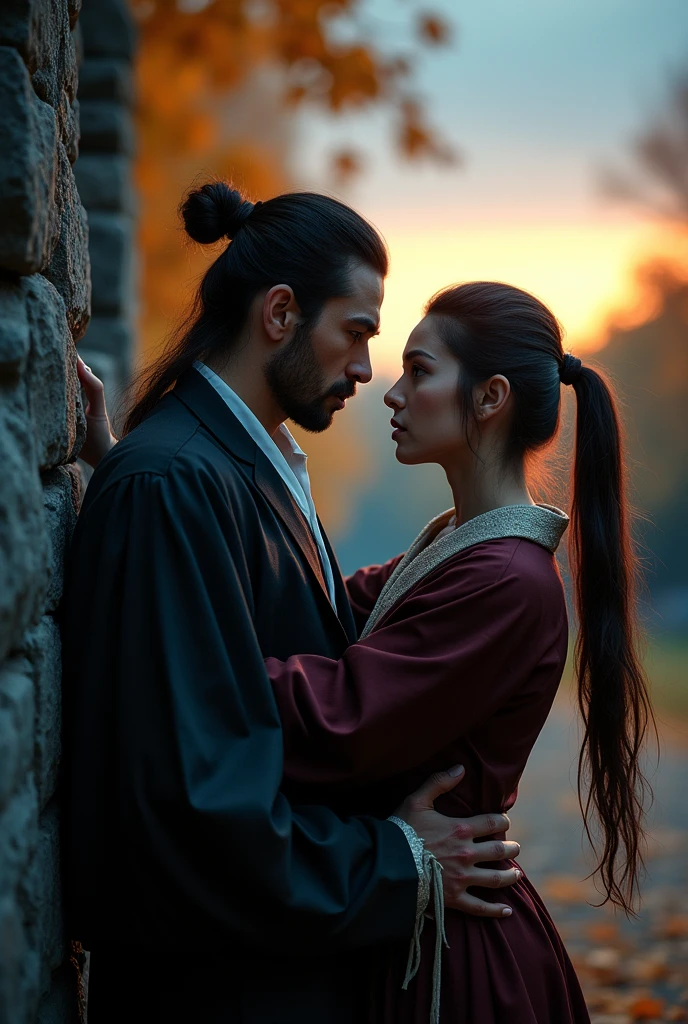 Male pins female against the wall，antiquity，Japanese-style，Maple Grove，evening，Hostile，Female ponytail，Female disguised as male，Male official，Cold，Handsome，Look at each other，Side view angle，tension