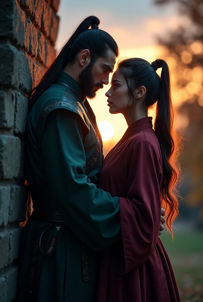 Male pins female against the wall,antiquity,Japanese-style,Maple Grove,evening,Hostile,Female ponytail,Female disguised as male,Male official,Cold,Handsome,Look at each other,Side view angle,tension