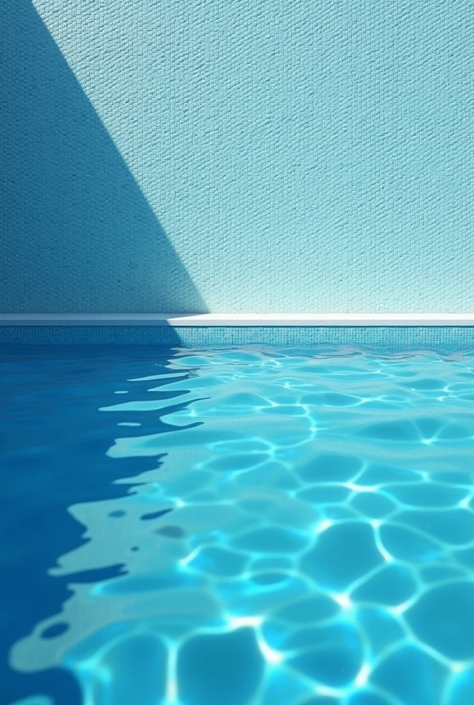create an image that has a wall with very small light blue squares behind it, Below is a floor that has a pool underneath. and make the image have a perspective that is more downwards, as if there was a camera in the pool, taking a photo of the wall, but showing the floor and the pool underneath.