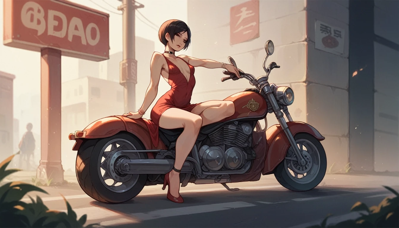 Ada Wong from Resident Evil sitting on a motorcycle wearing a short red dress showing a bit of her yellow panties underneath the dress, small breasts