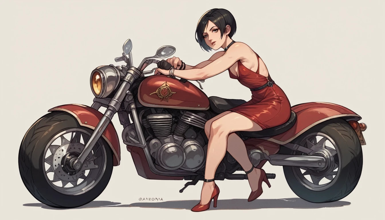 Ada Wong from Resident Evil sitting on a motorcycle wearing a short red dress showing a bit of her yellow panties underneath the dress, small breasts