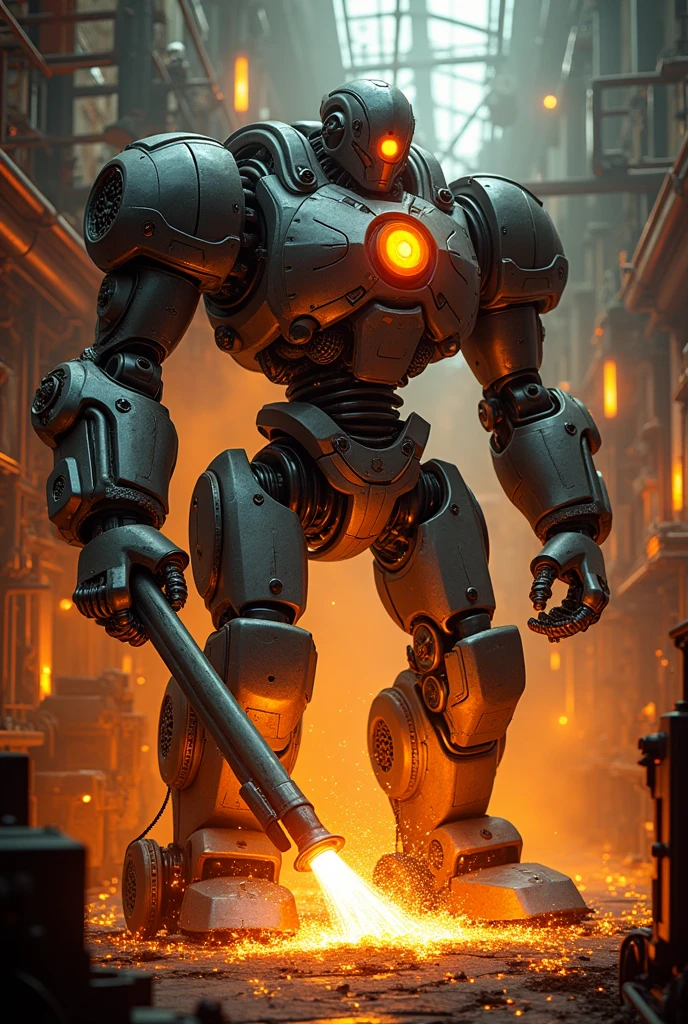 a giant robot blacksmith, robotic humanoid, mechanical figure, intricate metallic machinery, futuristic sci-fi design, industrial cyberpunk style, complex gears and pistons, glowing energy core, sparks and molten metal, powerful metal arms, steampunk aesthetic, cinematic lighting, moody dramatic shadows, warm orange and yellow tones, highly detailed 8k render, photorealistic, masterpiece