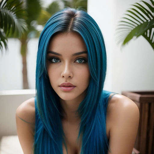 belle fille, Brazilian model, 21 ans, electric blue hair model, en regardant la caméra, woman with a beautiful face, long hair woman,
