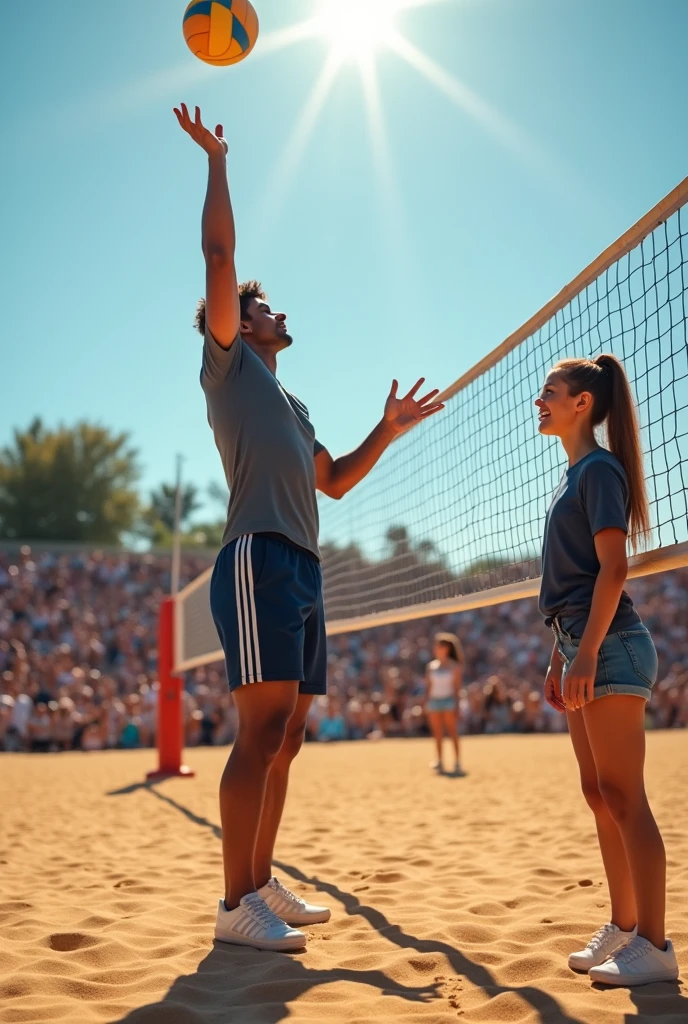 La imagen muestra a According to, a tall and athletic young man, in the center of the frame. She is on a volleyball court, with the sun shining in the clear sky. According to está en una postura dinámica, with her body slightly leaning forward, his gaze focused on the volleyball that is suspended in the air in front of him.

According to tiene una altura imponente, and their musculature is evident through their fitted shirt. Her right arm is extended upwards, with her hand open and in a firm position, as if he is about to receive or hit the ball with precision. Their facial expressions reflect determination and concentration, with their brows furrowed and their eyes focused on the ball.

Sofia is at the edge of the court, ligeramente a un lado de According to, watching him with admiration and affection. She is dressed in casual clothing, with a t-shirt and shorts, and her hair is pulled back in a high ponytail. Su rostro muestra una mezcla de orgullo y amor mientras sigue cada movimiento de According to con atención. Her eyes sparkle with genuine emotion, and her smile is warm and encouraging.

The background of the image shows a well-maintained volleyball court, with the net stretched in the center and lines marked in the sand. In the distance, a group of spectators can be seen in the stands, cheering and enjoying the game.

The scene captures a moment of intensity and connection between the two characters: According to, immersed in the sport he loves, Sofia and Theo, giving him her unconditional support.

