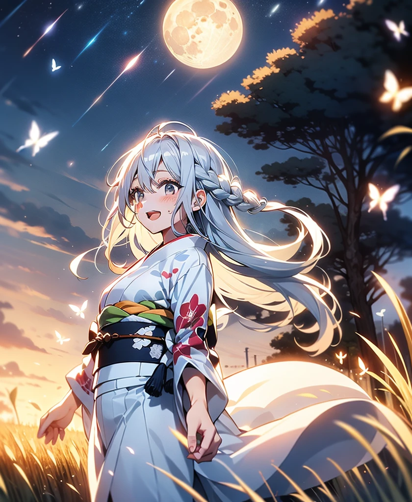 In 8K、Highest quality、masterpiece、Ultra-detailed、Ultra-high resolution、Anime Style、1 kimono Girl、uniform、Pampas grass field、full moon、moonlight、Check kimono、kimono flipping in the wind、dance、fun、sweating, kimono, Grey Hair, Silver Hair, eyelash, Happy, butterfly,
