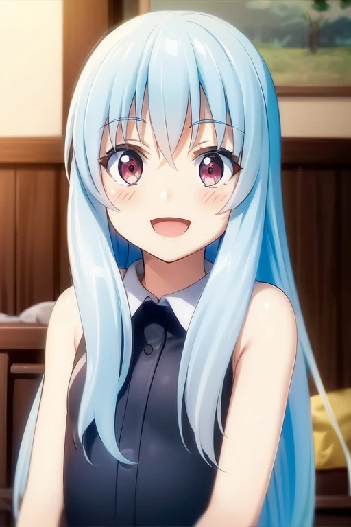 ((Highest quality)), ((masterpiece)), (be familiar with), Perfect Face, indoor, Bedroom, Watching the audience,
One woman, Rimuru=Tempest,
Open Mouth, Ecstatic expression, blush, smile,
Small breasts, Flat Chest, , , child, Girl,
Long Hair, Long Hair,