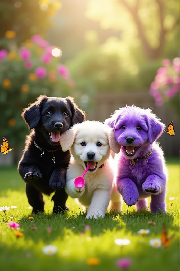 3 happy dogs with black, white and purple spoons
