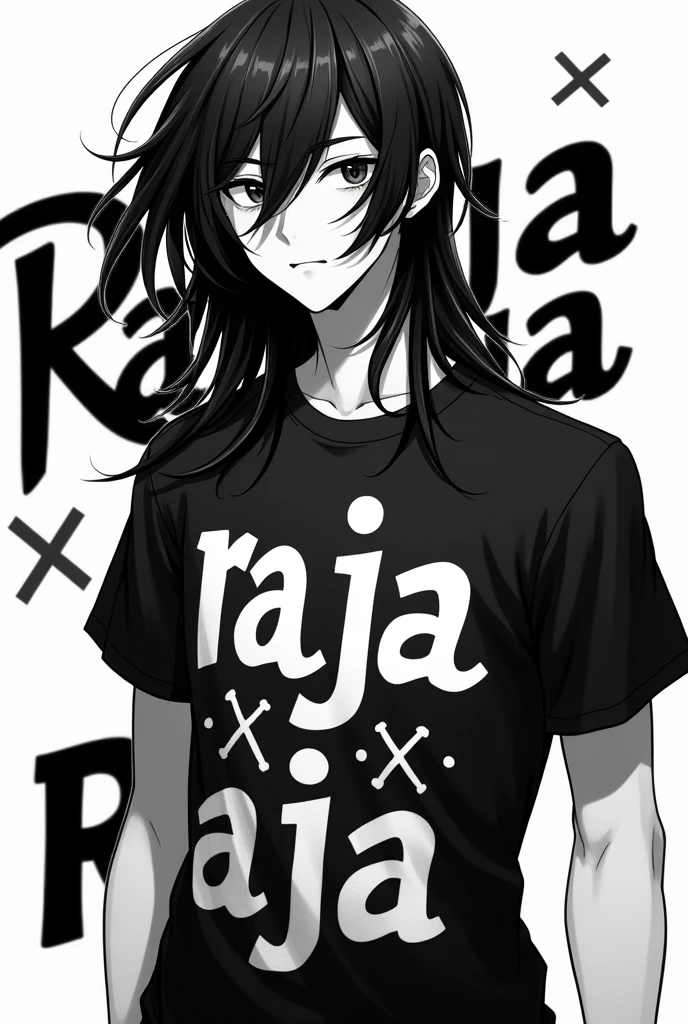 Create a cool black and white-themed profile picture of a stylish young anime man named Raja. He has long hair, and is wearing a shirt with branded text or logos. The shirt has a unique print design on it. The overall vibe should be trendy, bold, and suitable for a modern Instagram profile picture. Use raja word in background