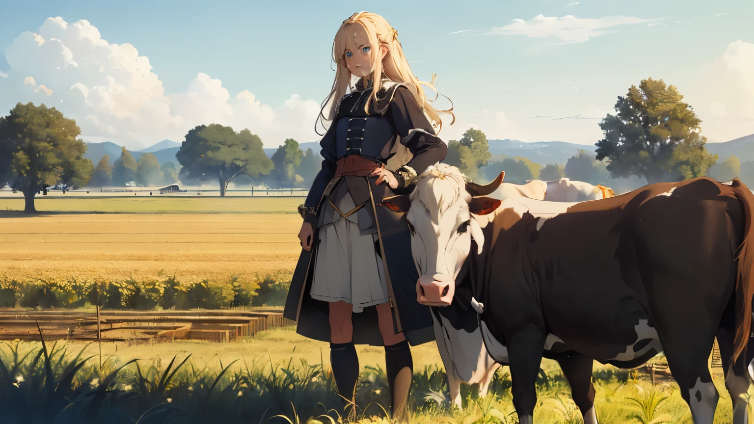 ((best quality)), ((masterpiece)), (detailed), ((1girl)), ((anime)), ((peasant girl)), ((dark fantasy)), ((cowgirl)), ((suffering from hungry)), ((exhausted)), ((blue eyes)), ((blonde)), ((dirty peasant apparel)), ((hungry)), ((upset)), ((no background)), ((full body)), ((stand)), ((fields of cow))