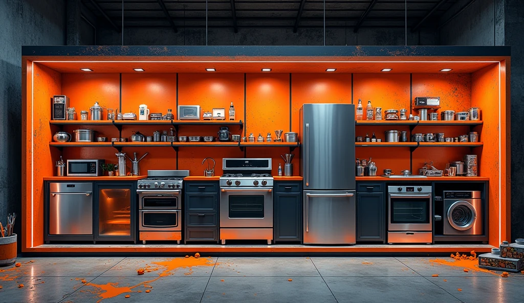 appliances, regale, display case, orange lines, black and gray background, industrial, banner horizontal, cartoonized, paint flecks