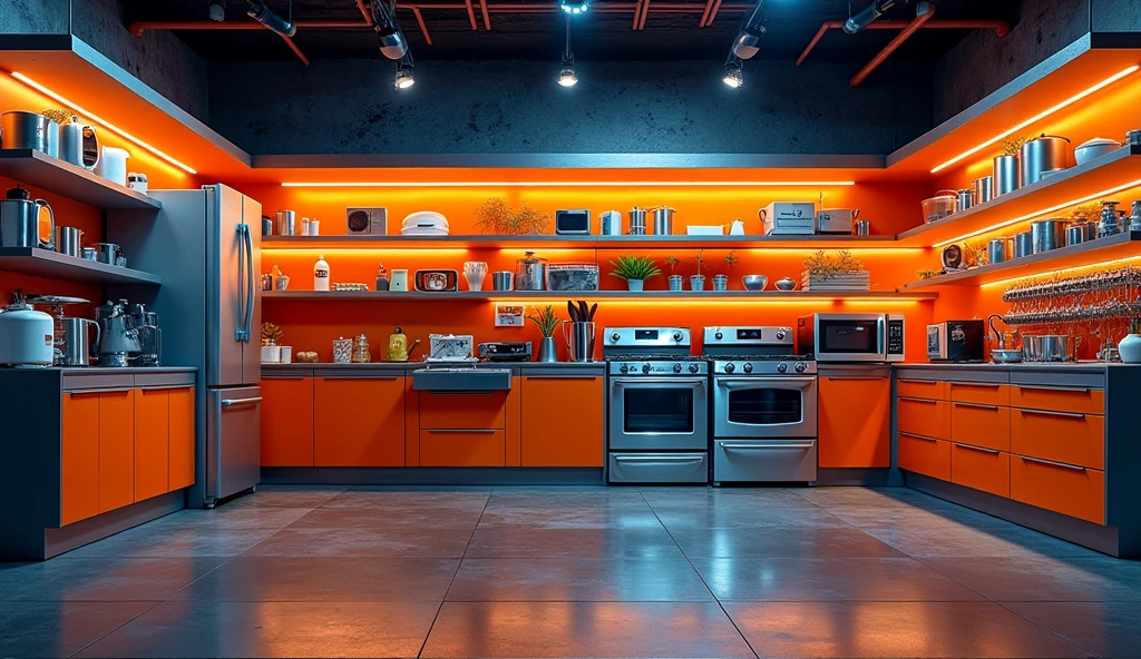 appliances, regale, display case, orange lines, black and gray background, industrial, banner horizontal, cartoonized, paint flecks