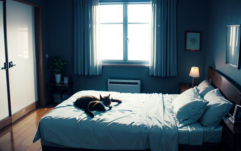 Dark room、Open window、Swinging Curtains、Moonlight shining in、On the bed is a cat、Music is playing from the radio