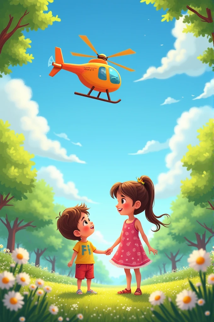 Make a theme Where a child see helicopter with her child