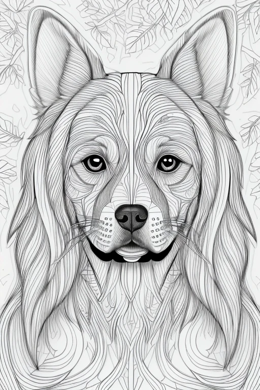 Adult coloring page, bold lines, dark lines, realistic dog face, super detailed, with leaves.
face, symmetrical, white background,
clean line art, thin line art.

Image should not exceed top margin.
