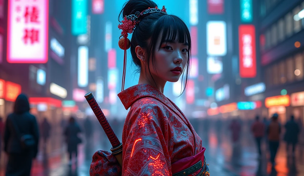 Cyberpunk samurai geisha with headset