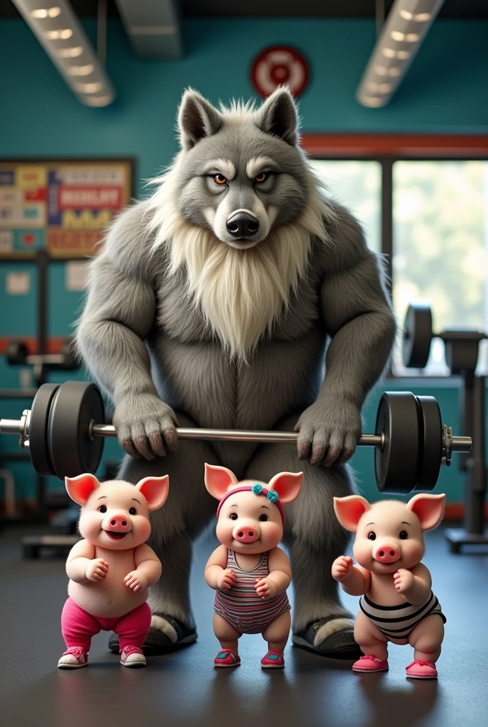 Draw the Big Bad Wolf with a white beard in a gym with three little pigs exercising