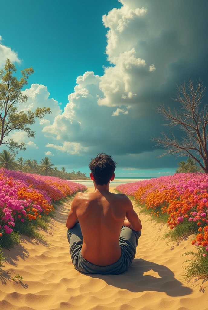 a person sitting on the sand exhausted looking at two landscapes, one colorful and beautiful and the other dark and sad