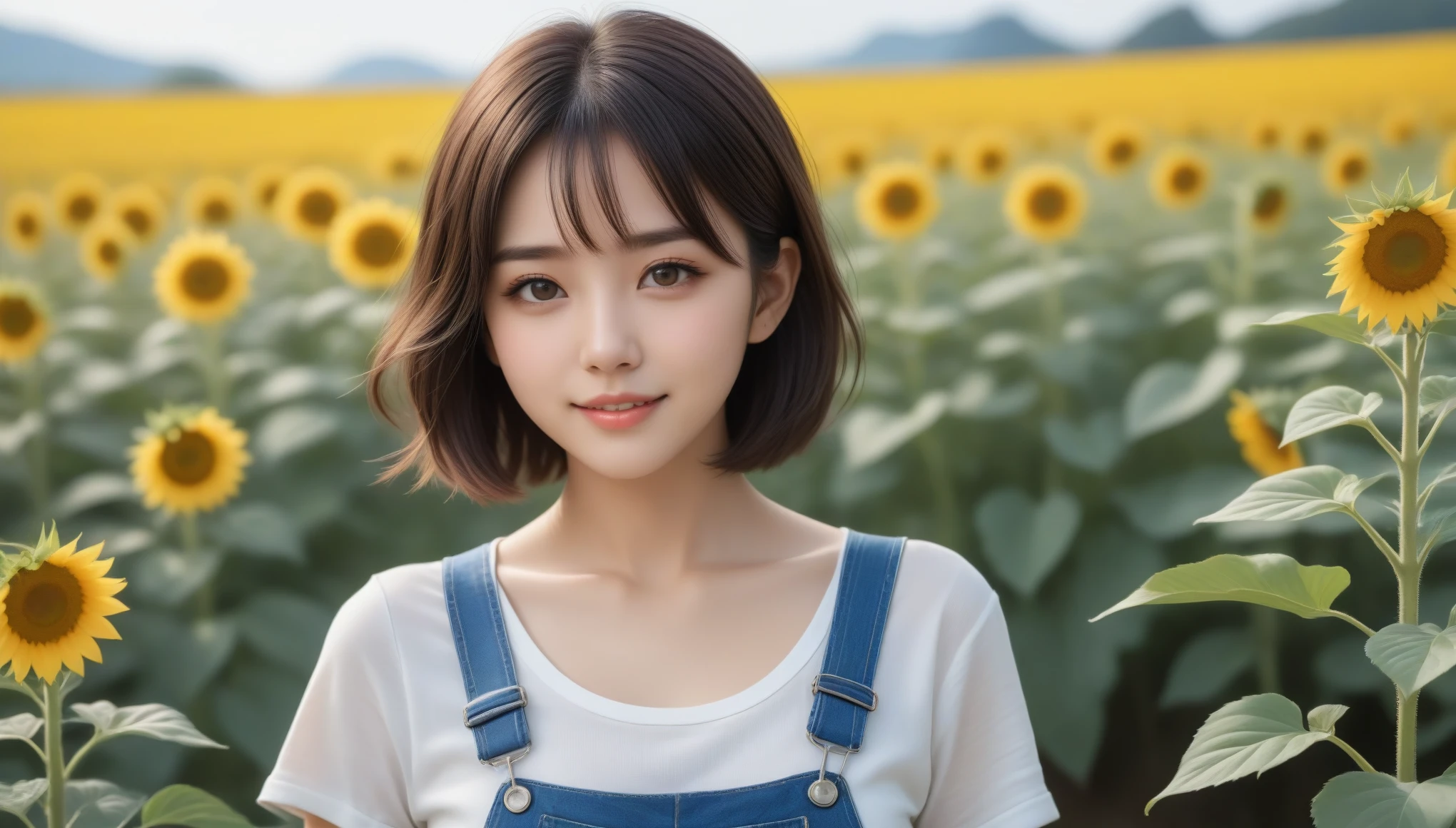 8k, Ultra-high resolution, Highest quality, masterpiece, 三分割法によるphotograph,Surreal, photograph, 1 , (:1.3), cute, cute顔, 細部までBeautiful Eyes, 細かくdetailedに,masterpiece,One Girl:1.2,Japanese women,Young Wife,upper body,smile,Black Short hair,Messy hair,bloom,profile,(overalls:1.3),T-shirt,Sunflower field,Surrounded by flowers,profile,Looking up at the sky,Summer sunshine,(Beautiful attention to detail),Subtle details, detailedな顔, smile,魅力的なsmile,(ポートレートphotograph:1.4),(Photorealistic images:1.4),Fantasy art,(Beautiful Face:1.4),Beautiful and attractive eyes、Beautiful Eyes、(Tight waist:1.4)、(Beautiful with perfect body proportions:1.4),Pink Lips,(((Ideal body type))),A-cup small breasts :2,Perfect Anatomy、鮮明なdetailed、detailed,Fashion magazine cover,Thin lips,完璧でBeautiful Face ,完璧でcute顔, Skin with attention to detail, Perfect limbs、Narrow waist,Surreal,Light and shadow,sunlight