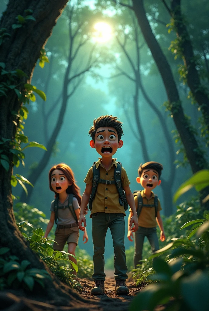 3d animation जंगल में चारों ओर से अजीब आवाजें आने लगीं। डर के मारे सब पीछे हट गए।