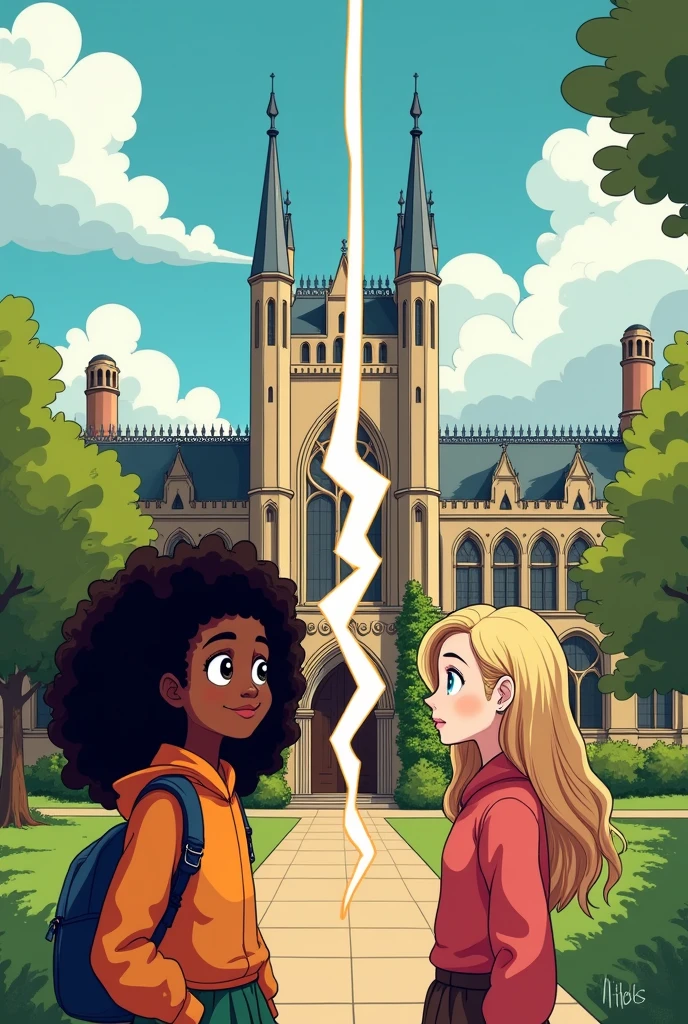 A university in the background, In front there are two young girls, one black with long curly black hair and another white, preppy girl with long blonde hair., A vertical line shaped like a ray separates them as if they were from different worlds. Everything in cartoon form