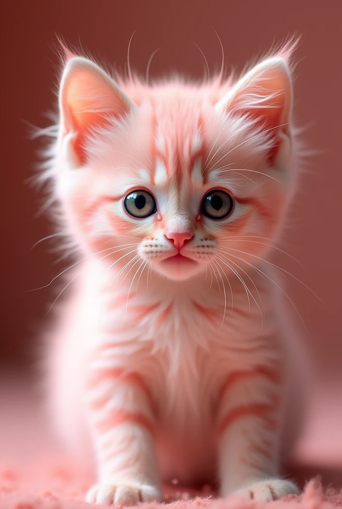a pink kitten, a cute cat, beautiful detailed eyes, beautiful detailed cat face, extremely detailed fur, longeyelashes, soft fluffy fur, adorable, cute expression, (best quality,4k,8k,highres,masterpiece:1.2),ultra-detailed,(realistic,photorealistic,photo-realistic:1.37),studio lighting,highly detailed,vibrant colors,warm color palette,adorable pet photography