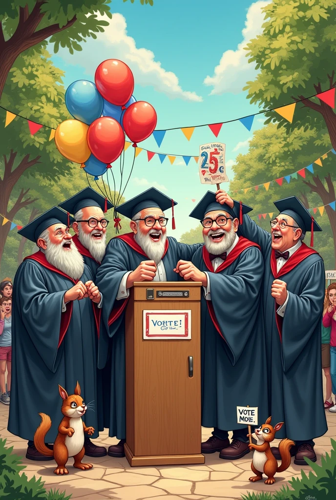 masterpiece, highly detailed face, ((old man in a blue suit stands beside)) (((nude naked nude naked european female who wears a party hat and is talking and standing and has brown chignon hair))) and has medium breast and nipple and thigh and pussy and earring and necklace and wristwatch and classroom setting and colorful balloons and wrapped presents and wrapped gift and blackboard, colorful streamers