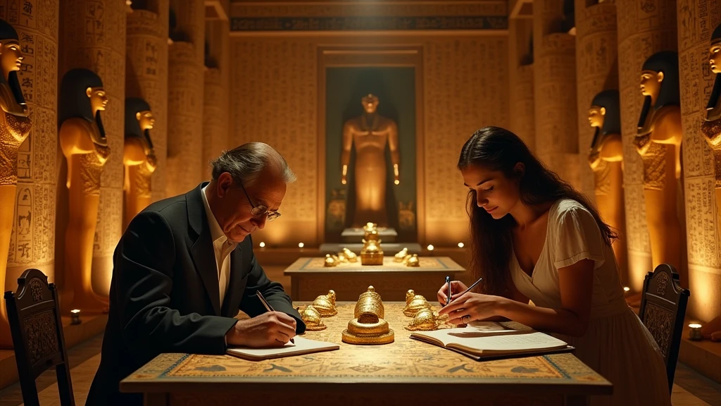 A cinematic image from a historical film, depicting the luxurious interior of a pyramid in ancient Egypt. The scene shows an elaborate room with opulent sarcophagi adorned with gold inlay and intricate carvings. Renowned archaeologist Howard Carter sits at a table, writing notes in a diary, as an assistant, with an archaeologist's brush, cleans the artifacts with a look full of admiration and discovery. The walls of the pyramid are decorated with impressive hieroglyphic murals, that cast a warm and mysterious atmosphere over the entire scene. cinematographic, architechture, fot.