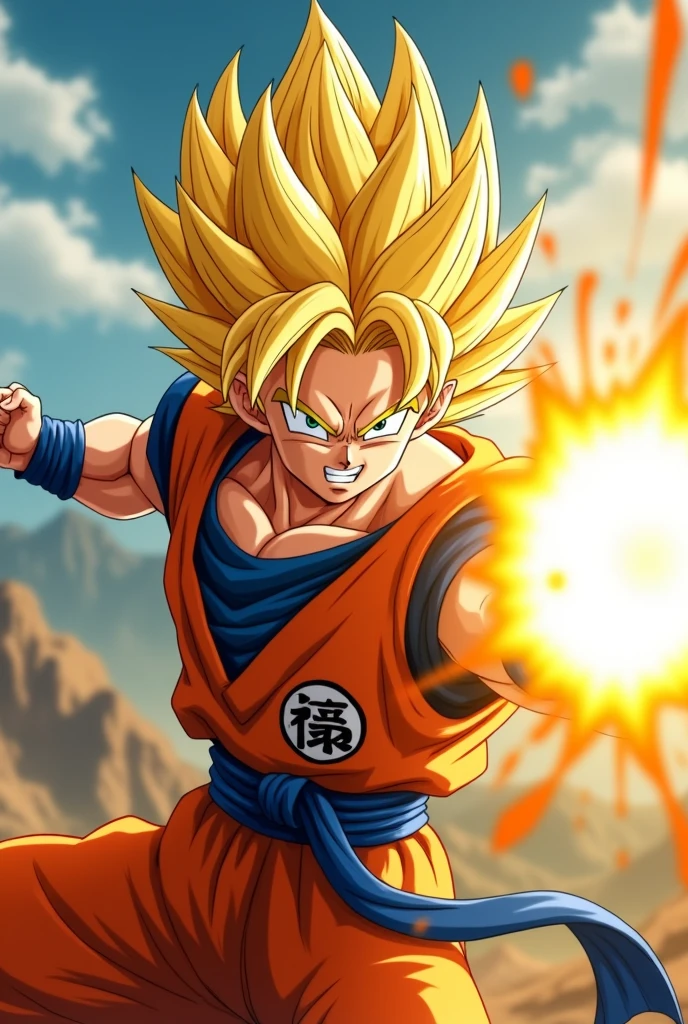 Goku showing his punch with yellow hair. close shot

