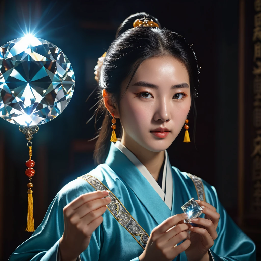 a beautiful gemini student, detailed portrait, spiritual style, holding a diamond, school, caring theme, chinese culture, 1980s era, sagittarian energy, mercury style art, twin embodiment, cinematic lighting, dramatic shadows, vivid colors, highly detailed, photorealistic, smooth shading, intricate textures, masterpiece, best quality