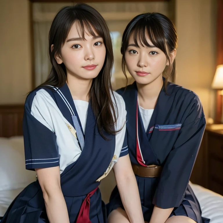 (Masterpiece, Best quality:1.4), (Ultra realistic, Photo-realistic:1.2), Natural light, 25 years old actress, Japanese women, Neat and clean, (school uniform, sailor suit, traditional Japanese style with white and navy blue colors, detailed red ribbon and navy blue pleated skirt), (Ponytail:1.1), Short wavy hair, Light brown hair color, (Beautiful Faces), Oval face, clear, (Beautiful eyes, Kind eyes), (Clear skin), Small face, (Small mouth), (Beautiful mouth), Natural makeup, Approachable, Luxury hotel Suite room, On bed, Seductive smile, (Seductive pose:1.2), (Beautiful thighs:1.1), (Bedroom eyes), (lesbian couple:1.1), (petting together), obscene reality of girls, (crotch rub:1.1),
