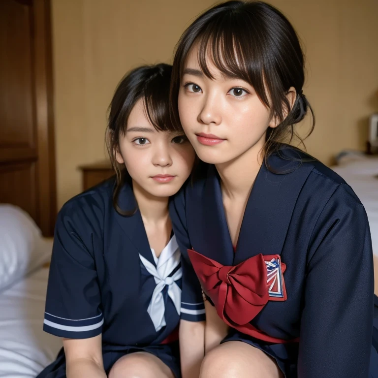 (Masterpiece, Best quality:1.4), (Ultra realistic, Photo-realistic:1.2), Natural light, 25 years old actress, Japanese women, Neat and clean, (school uniform, sailor suit, traditional Japanese style with white and navy blue colors, detailed red ribbon and navy blue pleated skirt), (Ponytail:1.1), Short wavy hair, Light brown hair color, (Beautiful Faces), Oval face, clear, (Beautiful eyes, Kind eyes), (Clear skin), Small face, (Small mouth), (Beautiful mouth), Natural makeup, Approachable, Luxury hotel Suite room, On bed, Seductive smile, (Seductive pose:1.2), (Beautiful thighs:1.1), (Bedroom eyes), (lesbian couple:1.1), (petting together), obscene reality of girls, (crotch rub:1.1),