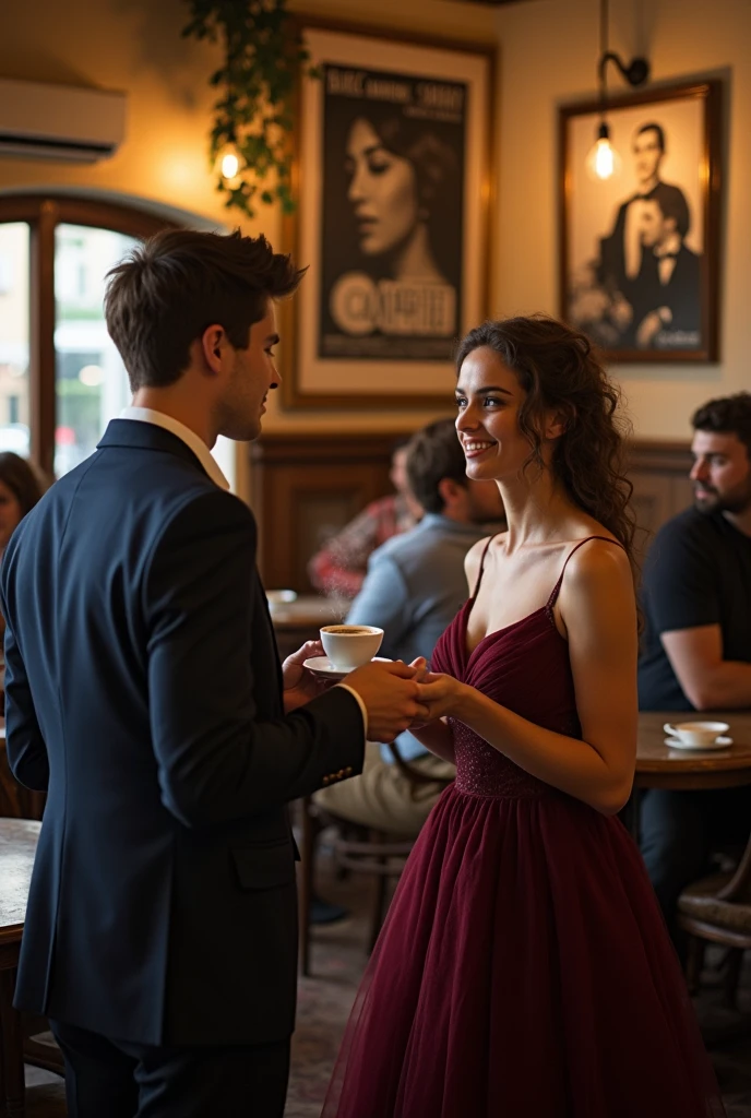 A charming, cozy scene of a young man, wearing a classy suit and tie, offering a beautiful woman, dressed in a stylish dress, a steaming cup of coffee. They're sitting in a quaint café, surrounded by vintage posters and warm, golden lighting. The background reveals more customers enjoying their conversations in the quaint café, with a touch of nostalgia and romantic atmosphere.